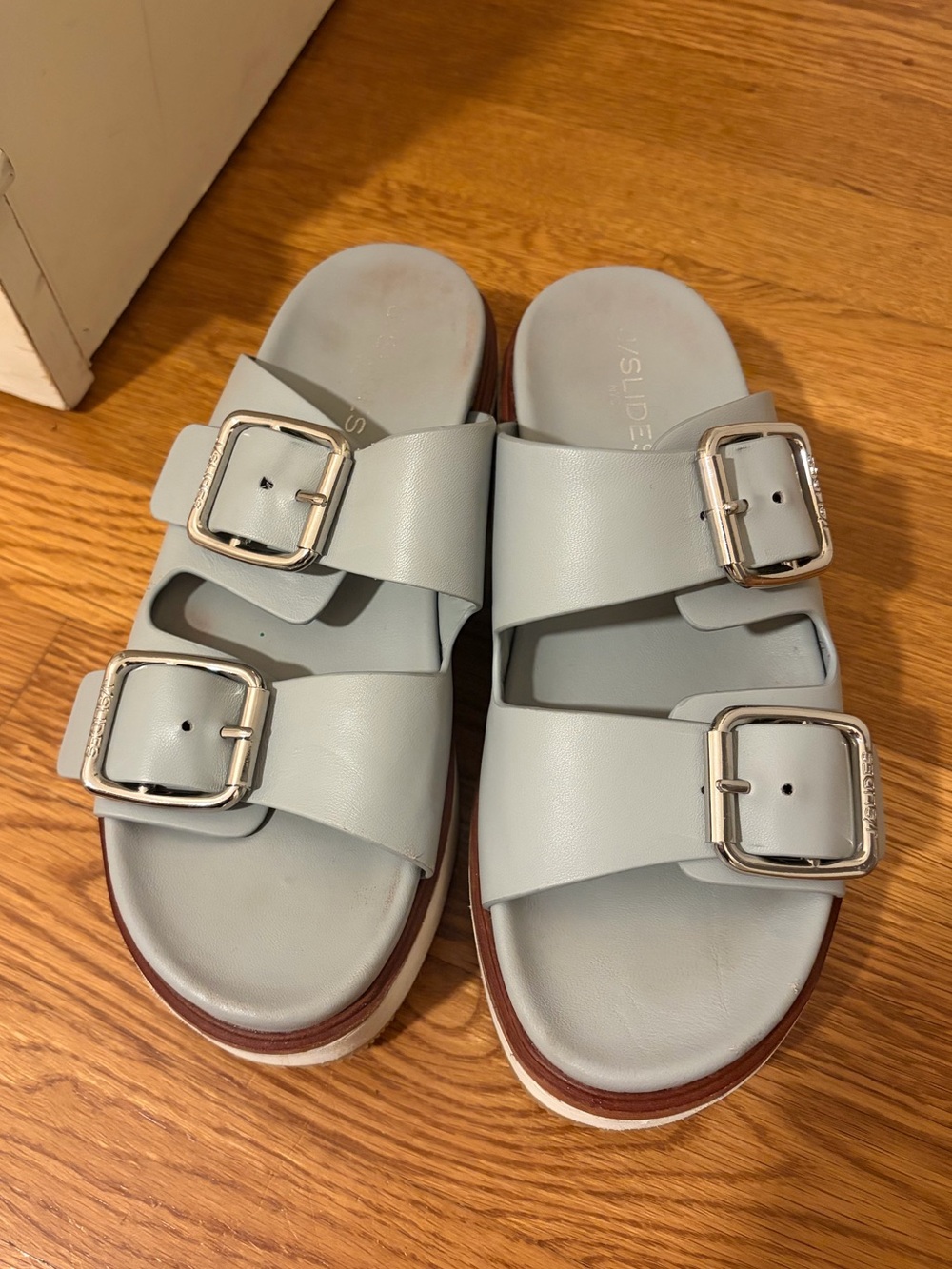 J Slides Light Gray Double Buckle Slide Sandals